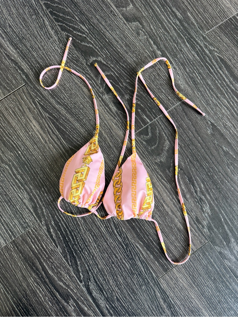 Versace Pink and Gold Chain-Print Triangle Bikini Top